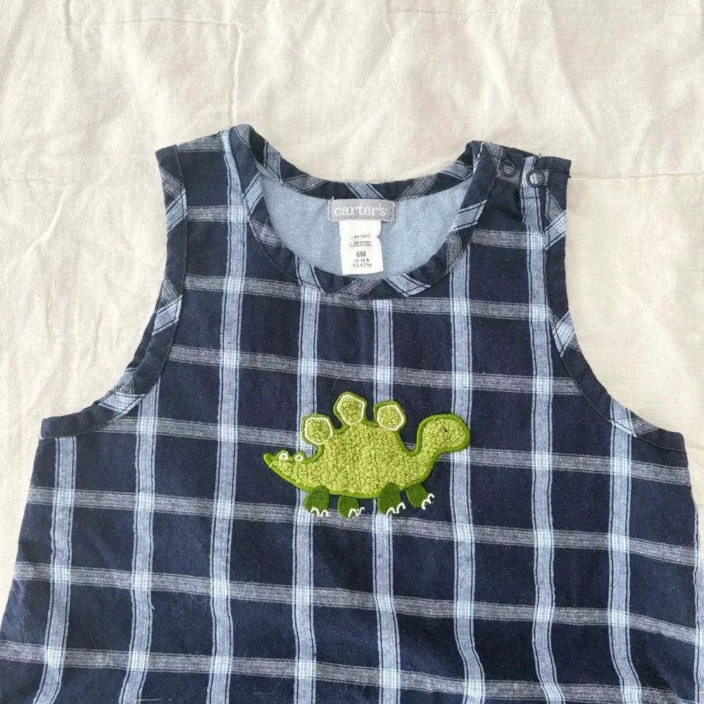 Vintage Carter’s Navy Plaid Dinosaur One Piece Jumper Size 6 Months